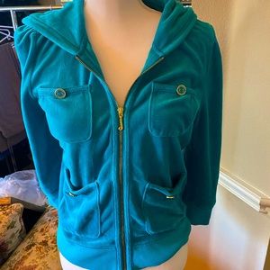 Rare Vintage Juicy Couture Teal Velour Zip Up Jacket with gold accents🦋✨